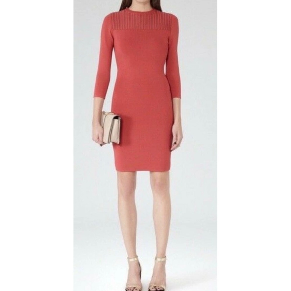 REISS Kadriana Coral Sheer Dress Sz 2 3/4 Sleeve Viscose Luxury Designer